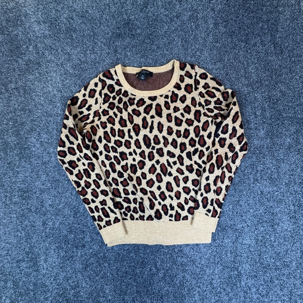 Ann Taylor Sweater Womens XSP Tan Brown Leopard Wool Blend Crew Neck Pullover